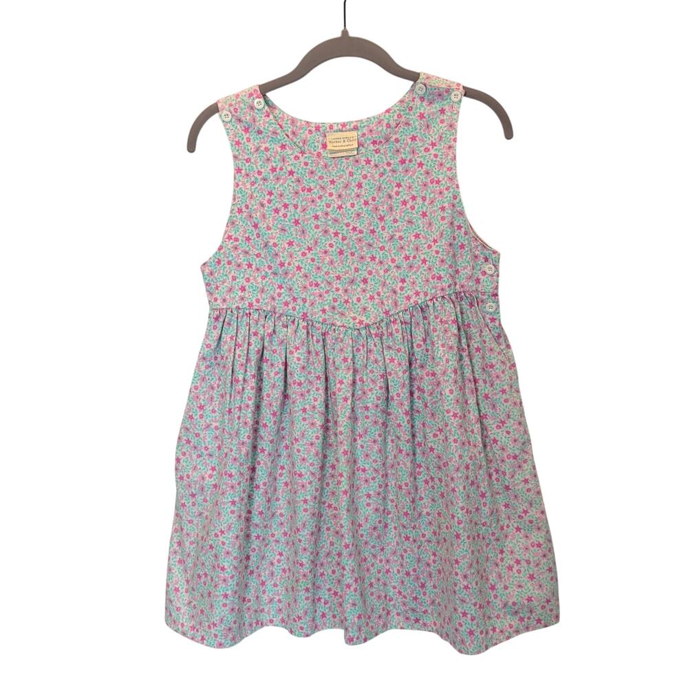 Vintage Laura Ashley Mother and Child Sz 11-12 Floral Pinafore Dress Green Pink